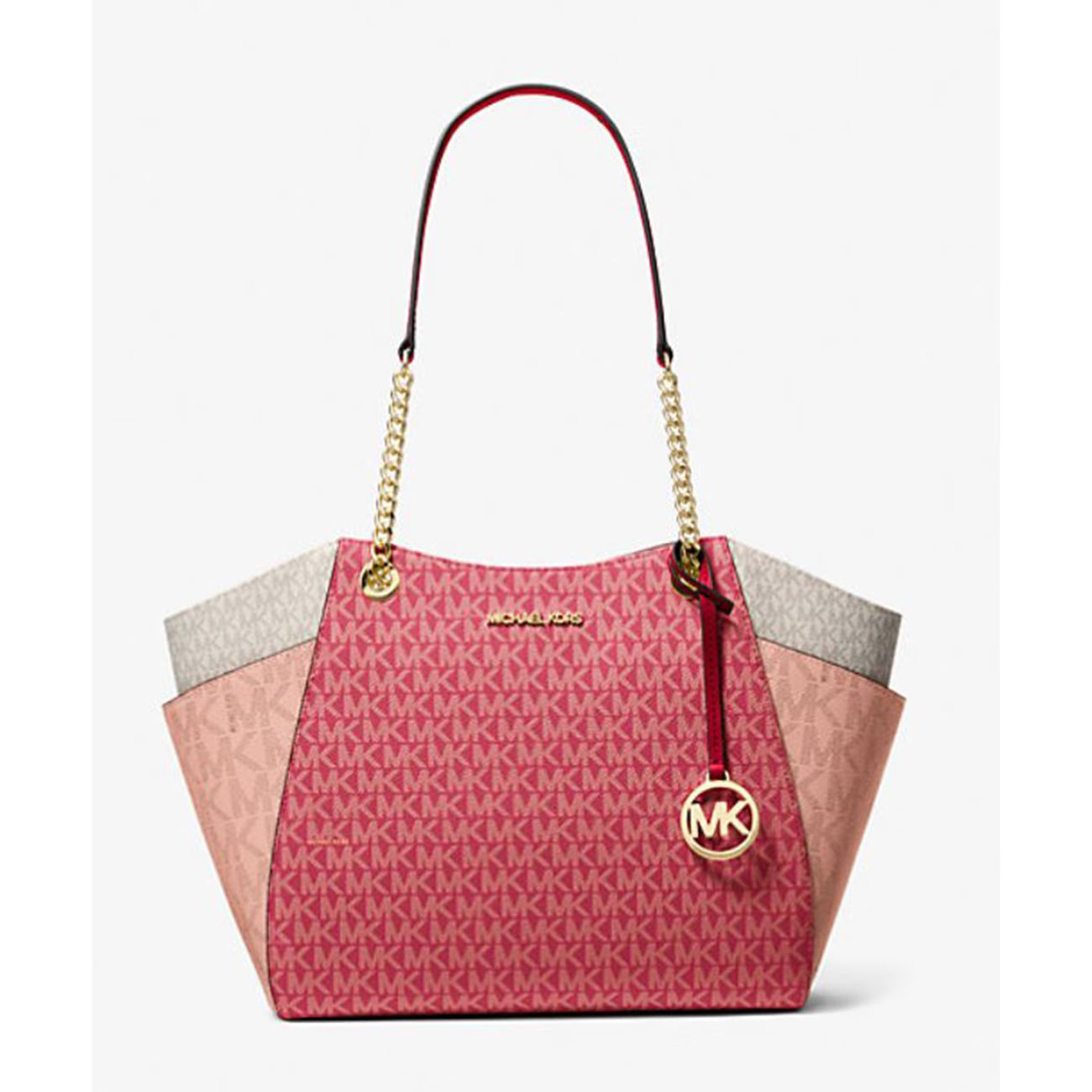 Michael Kors Jet Set Large Color-Block Signature Logo Tote Bag (Cherry Multi) 35S5GTVE3B-Cherr